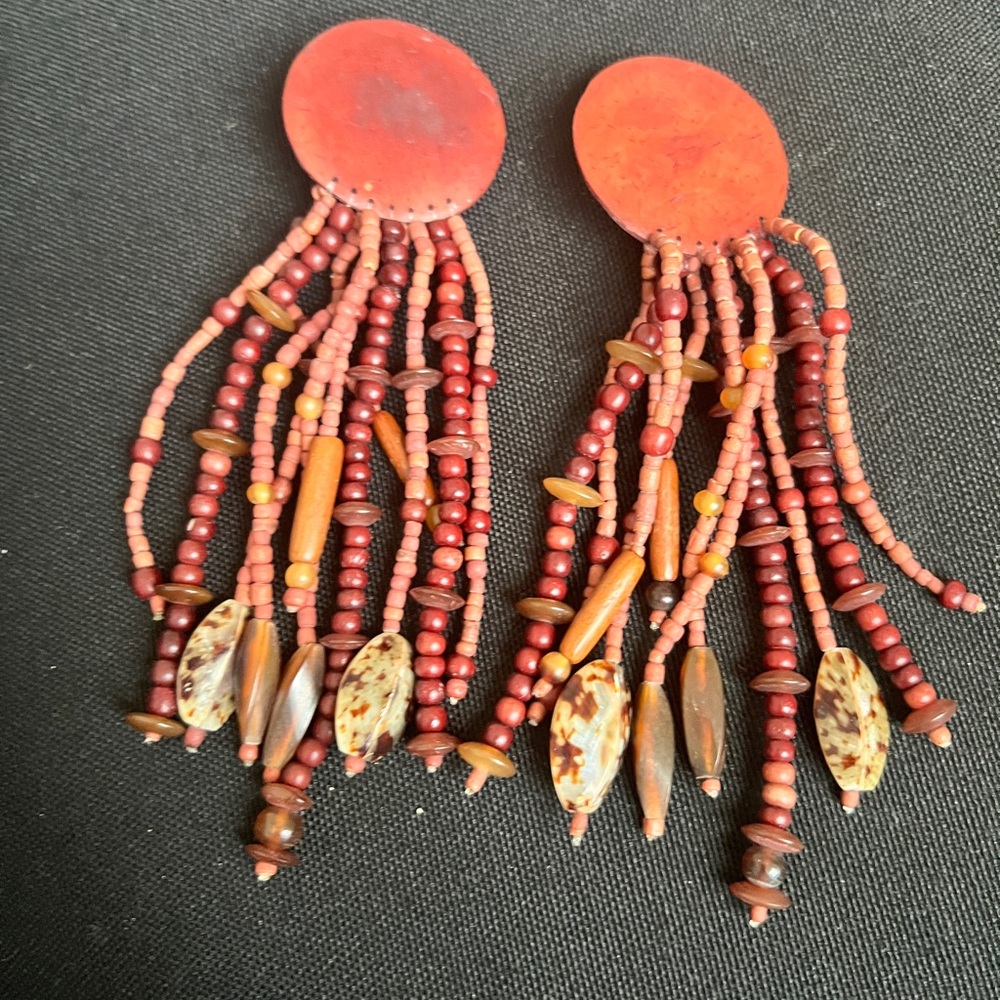 Bohemian Red Beaded Clip On Earrings
